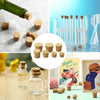 A set of four natural wood tapered bottle and test tube stoppers shown in various contexts.