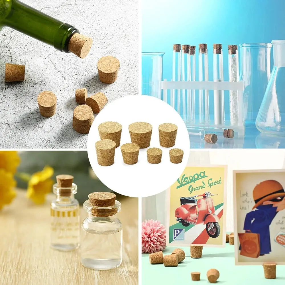 A set of four natural wood tapered bottle and test tube stoppers shown in various contexts.
