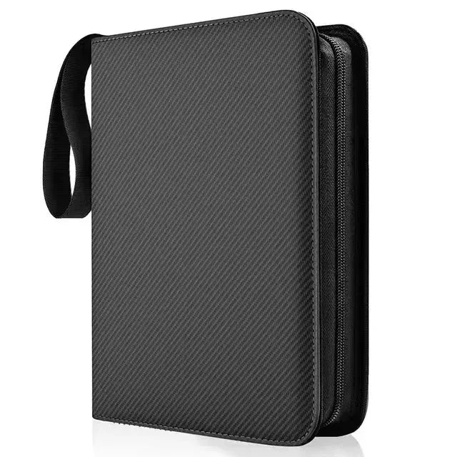 A black PU leather card binder with a zipper, shown from the front.