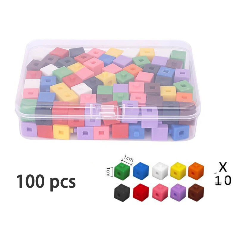A clear plastic container filled with 100 colorful linking cubes in various colors and sizes.