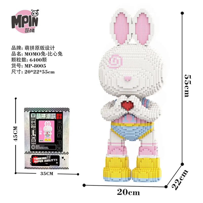 A white bear figure made of micro building blocks with pink ears and a red heart design.