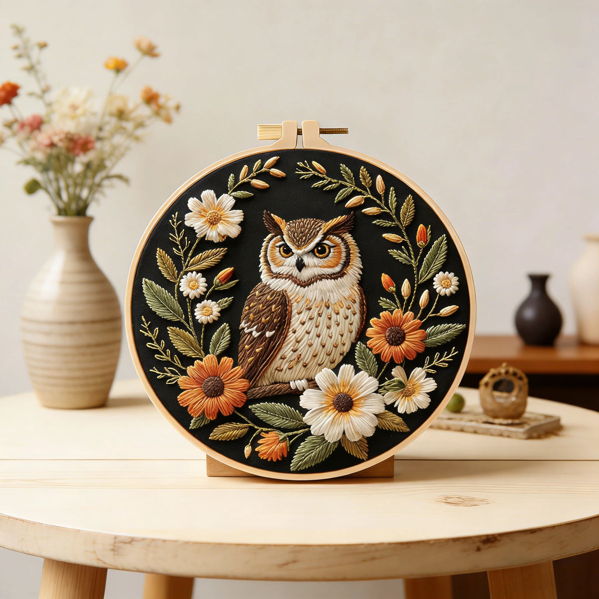 A circular wooden board displaying an owl and floral embroidery pattern for a DIY craft kit.