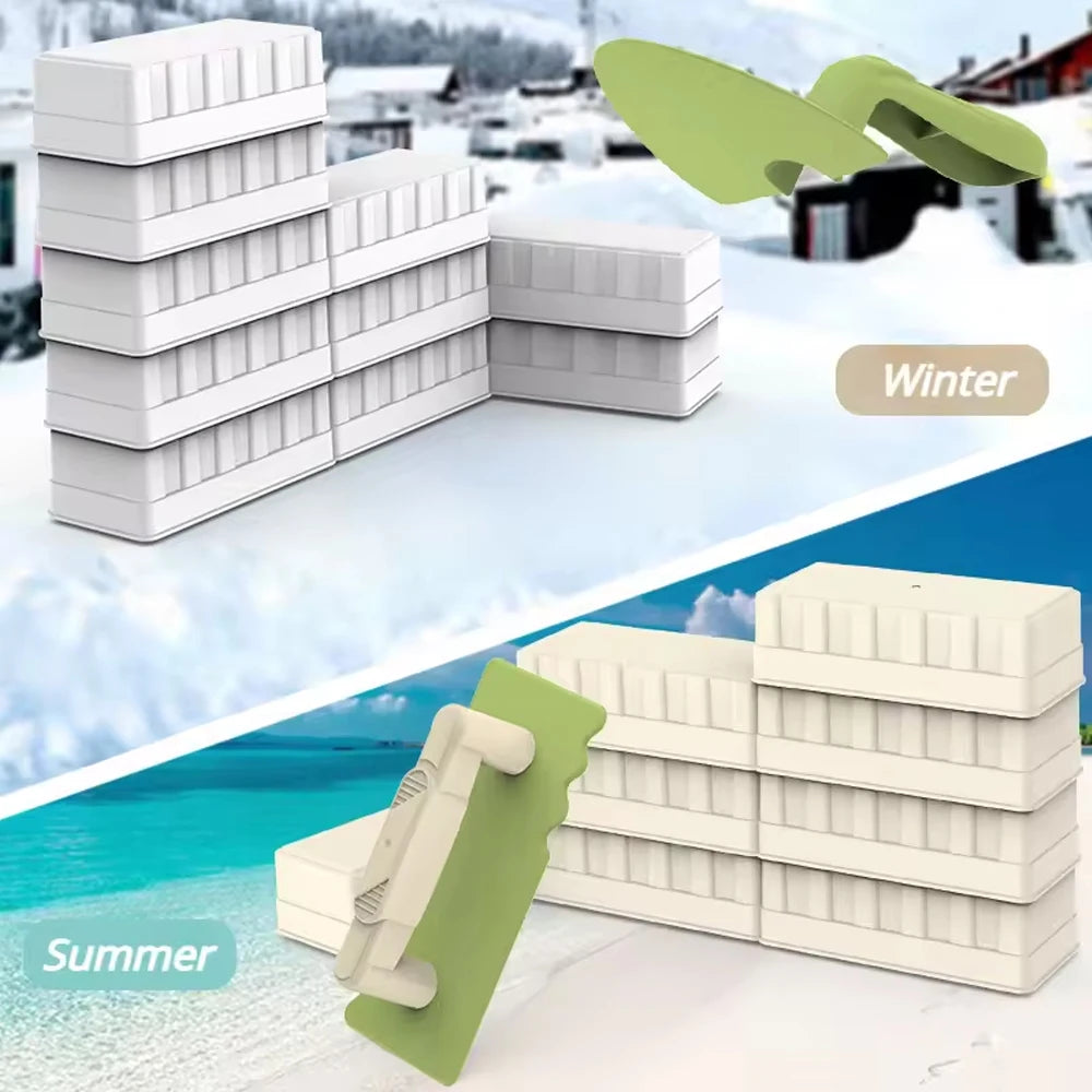 Sand and snow building play set with shovel and brick molds shown in summer and winter contexts