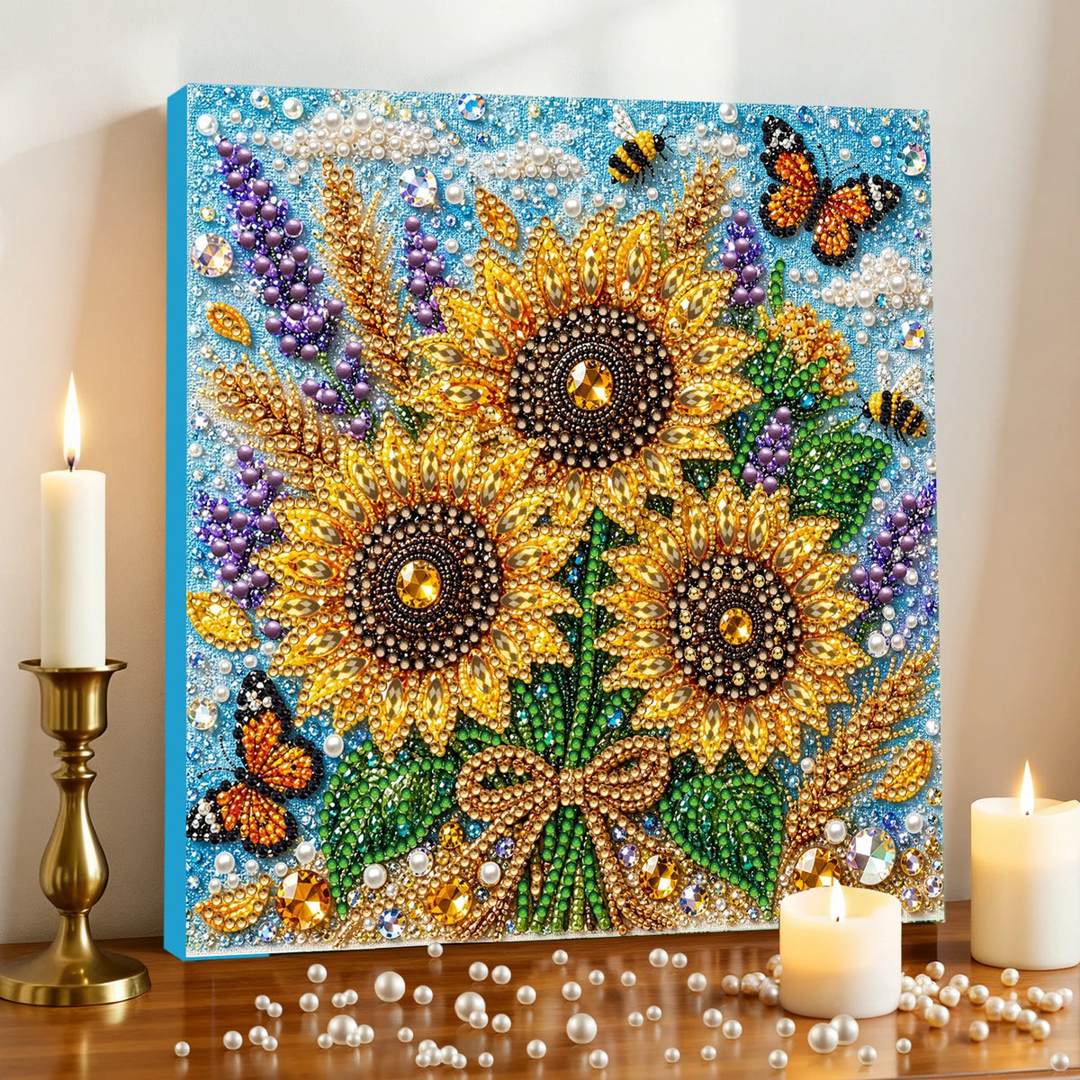 A vibrant painting featuring a sunflower bouquet made of various colored and clear pearls on a wooden frame.