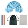 Light blue silicone sensory activity board with concentric grooves and a dark green drawstring bag and a white pouch