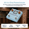 A blue multi-effects processor with knobs and a display is shown in a wooden interior setting.