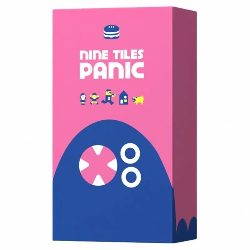 Box of Nine Tiles Panic strategy board game tiles with a purple background and pink accents