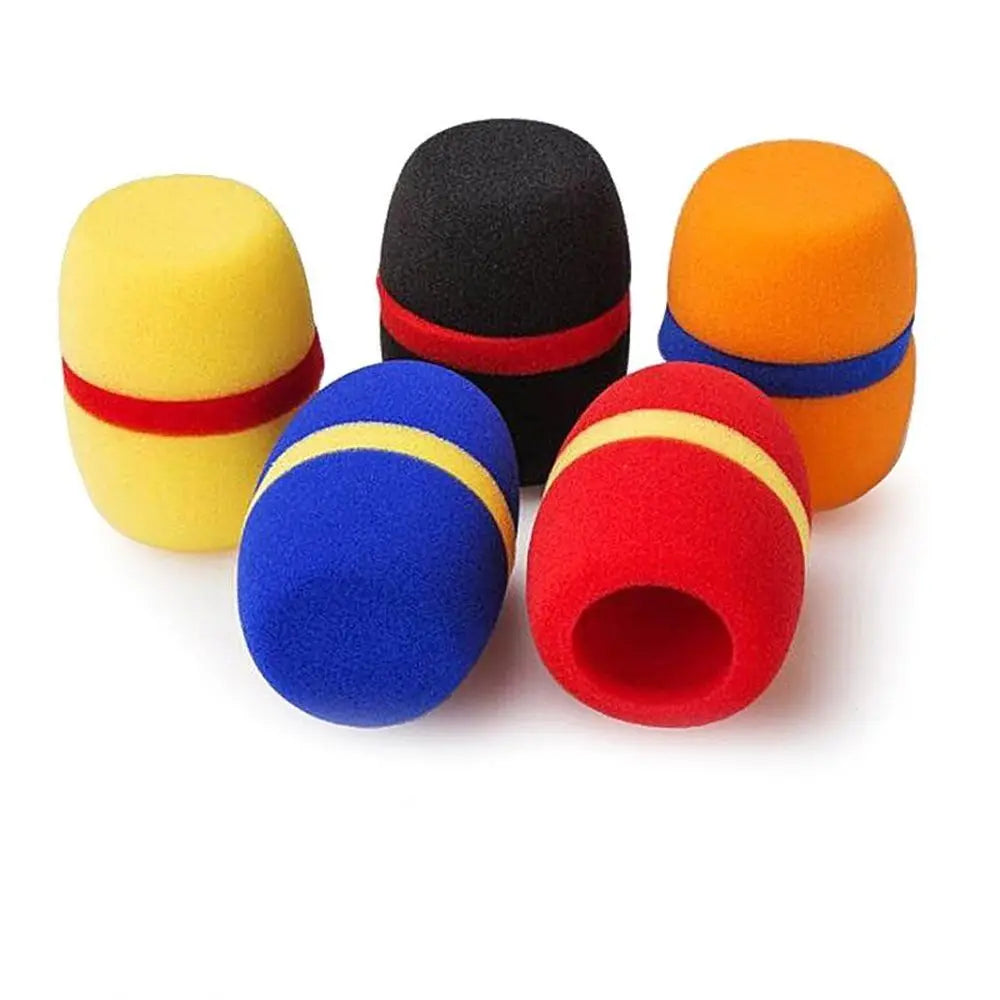 A set of five foam microphone windscreen covers in yellow, black, orange, blue, and red.