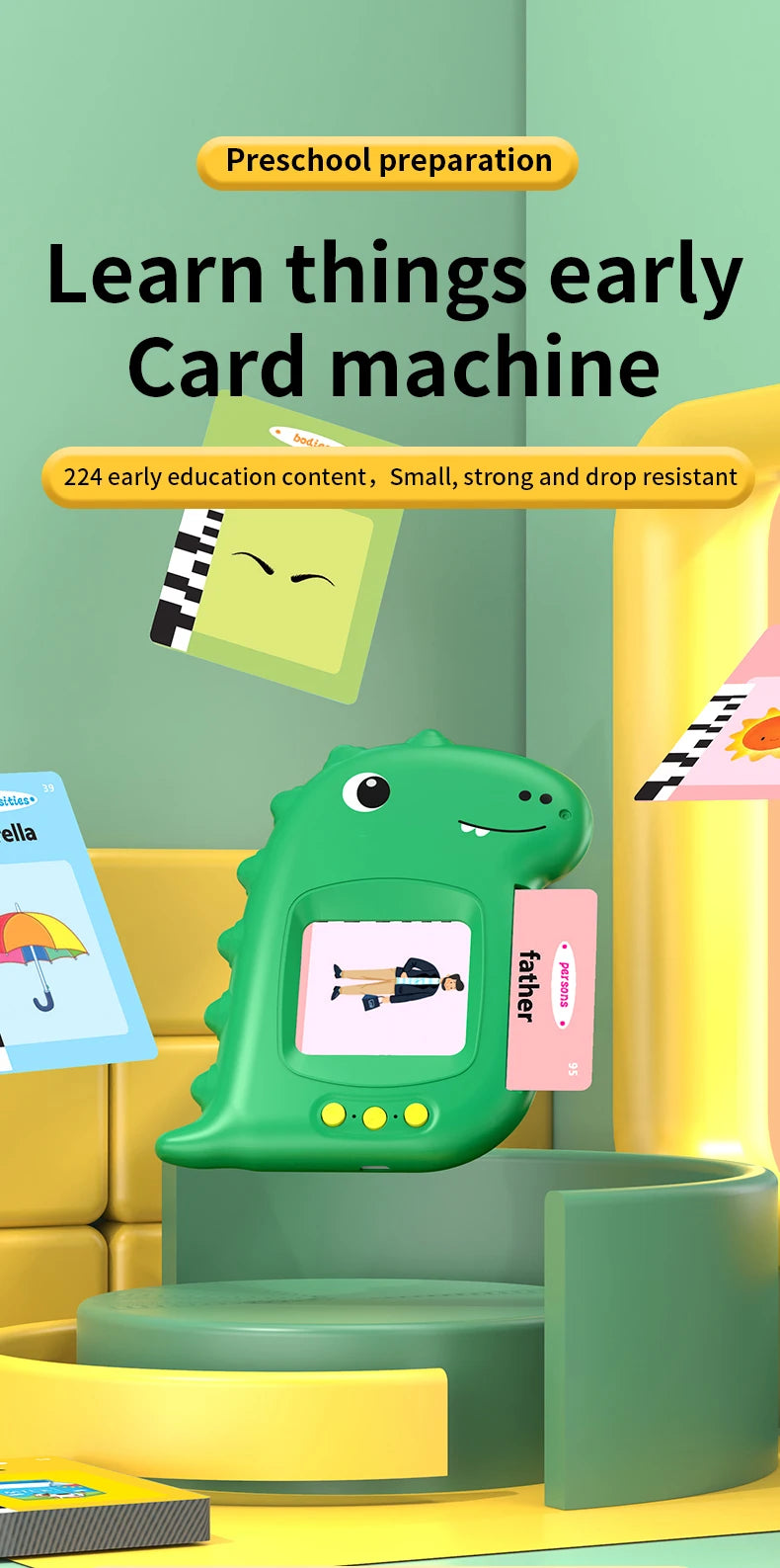 A green dinosaur-shaped learning machine for preschool preparation with a screen and cards.