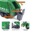 A green RC sanitation truck is shown with various components like a bucket, lid, and back cover being opened or turned up.
