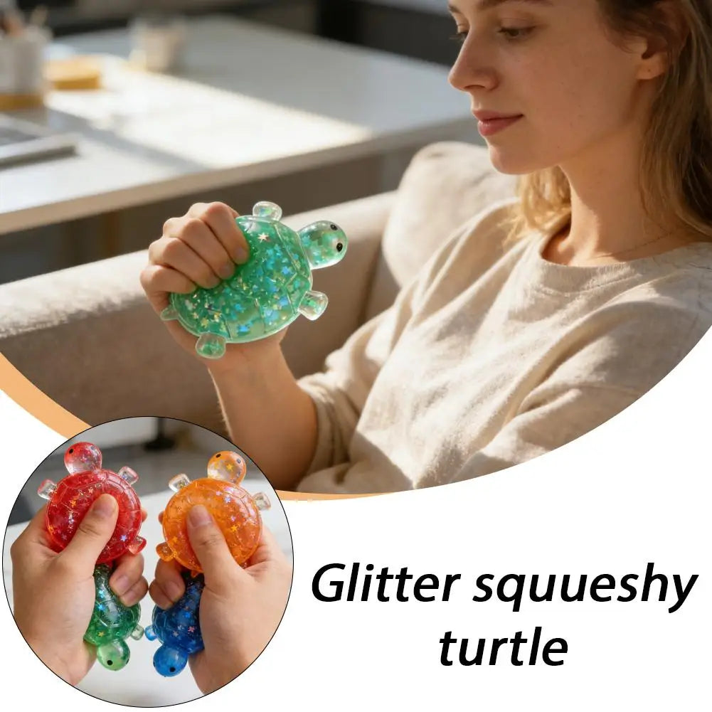 A woman holds a glitter squishy turtle toy in her hand.