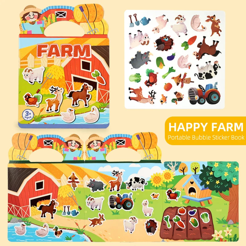 A colorful portable bubble sticker book featuring farm animals and farm scenes for children.