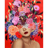 A woman's face is adorned with a vibrant, colorful floral crown painted in a paint by numbers style.