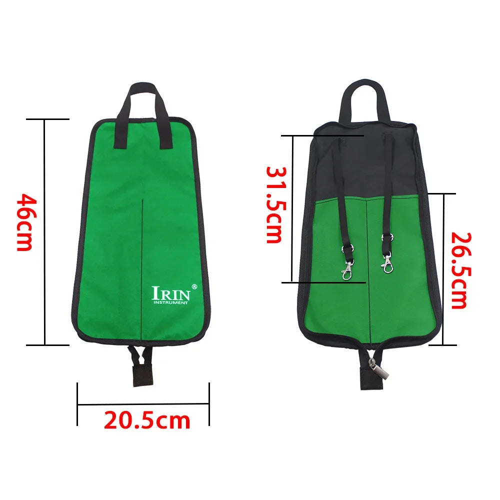 A green and black drumstick carrier bag with handles shown from the front and side views.