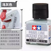 A bottle of Panel Line Accent Color light gray enamel paint with a black cap and a small inset showing the color on a white o