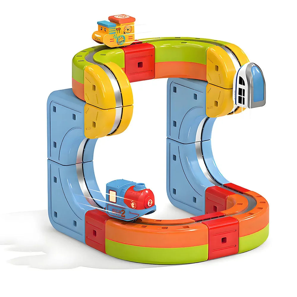 A colorful magnetic anti-gravity train track set featuring a curved track and train components.
