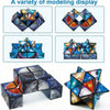 A variety of modeling display featuring geometric cubes and polyhedral shapes made of colorful, translucent materials.