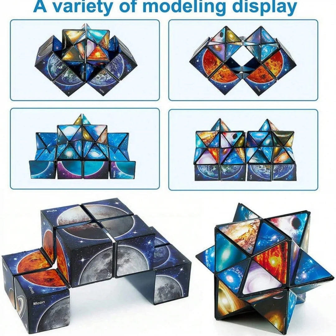 A variety of modeling display featuring geometric cubes and polyhedral shapes made of colorful, translucent materials.