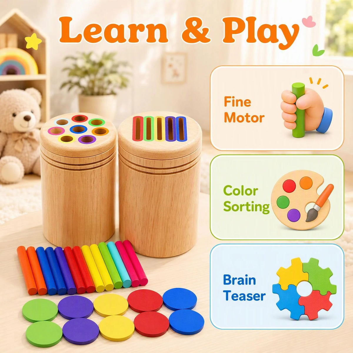 Wooden coin and color sorting toys for toddlers featuring various colored wooden discs and rods.