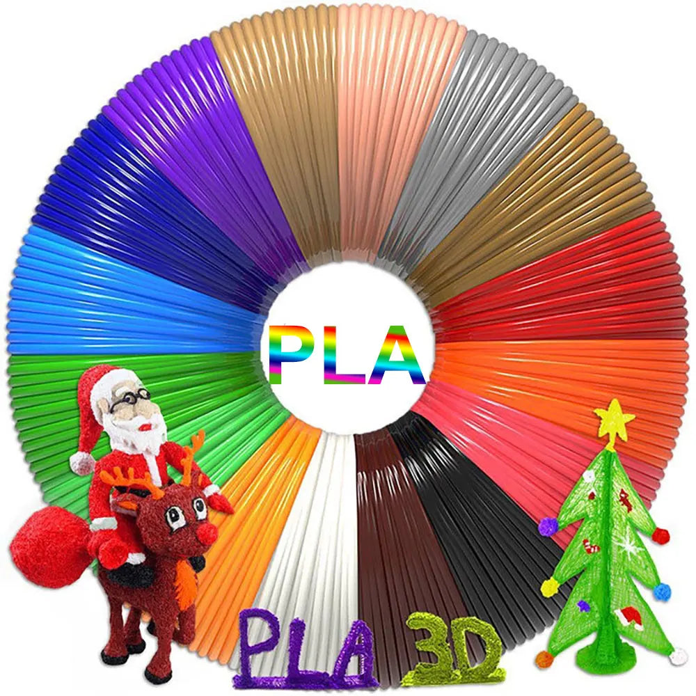 A colorful fan of PLA filament spools in various shades arranged in a circular pattern.