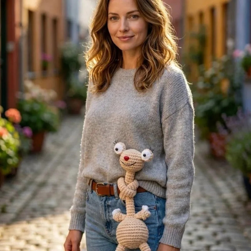 A woman wearing a gray sweater holds a handmade crochet sloth and squirrel plush keychain charm.