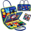 A colorful Montessori busy board for toddlers featuring various sensory and fine motor skills activities.