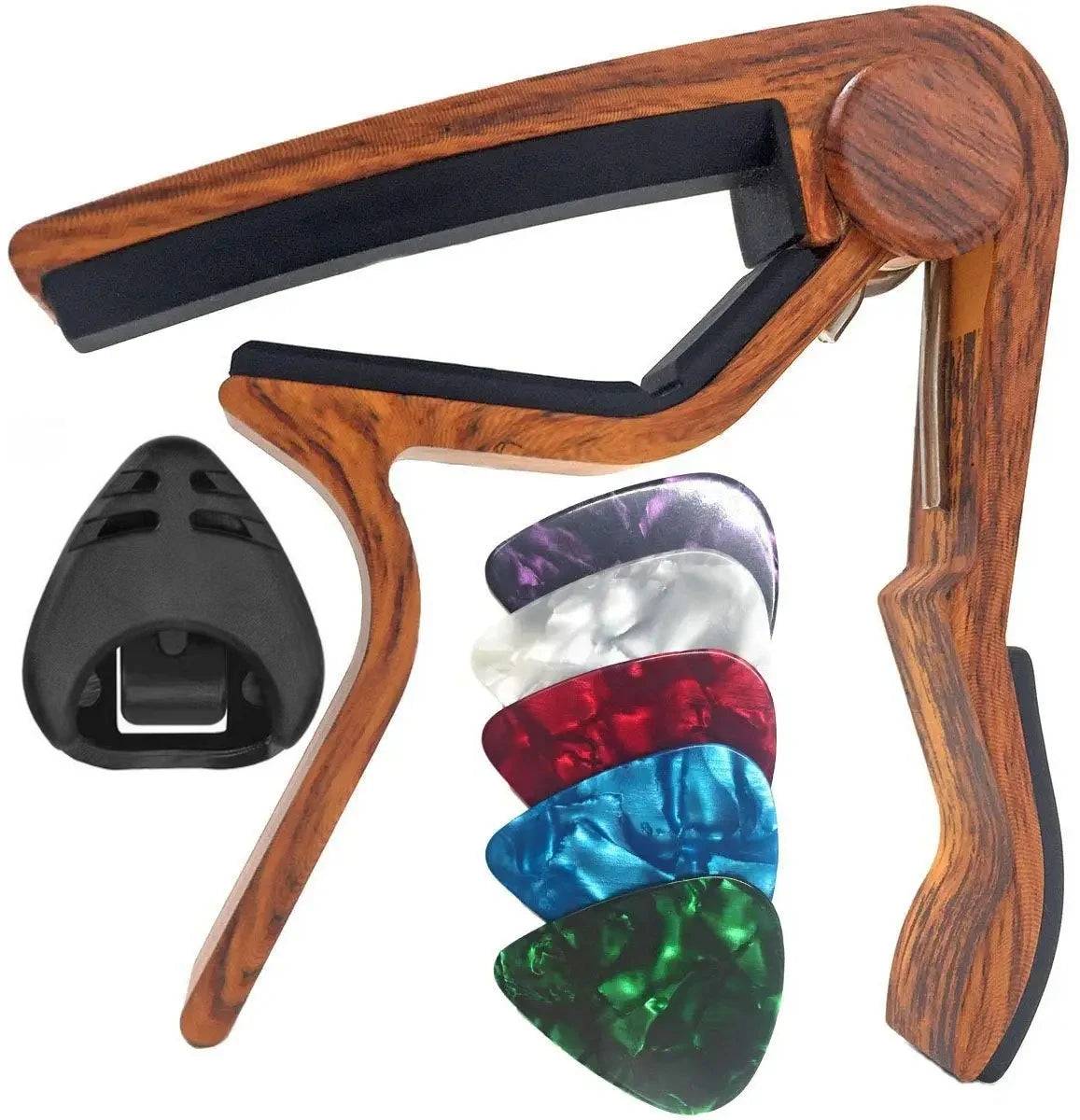 A wooden guitar capo holder with a 7-piece set of guitar picks and a protective cap.