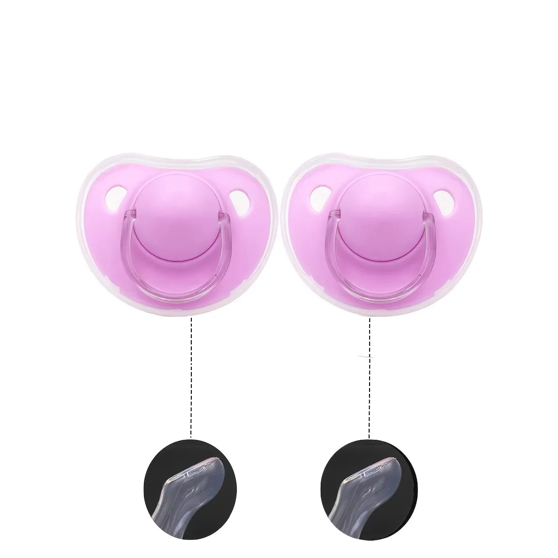 A pair of pink silicone pacifiers with protective covers shown alongside the silicone soothers.
