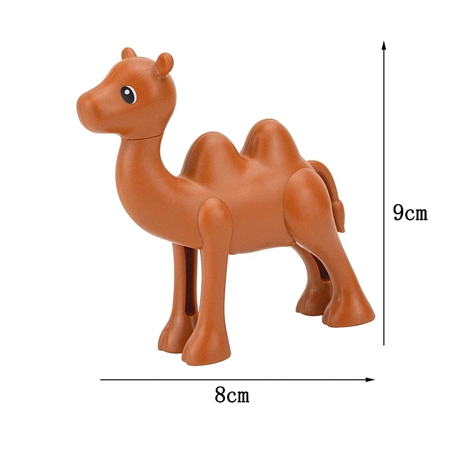 A brown plastic toy giraffe building block with a long neck and four legs, shown from the side.