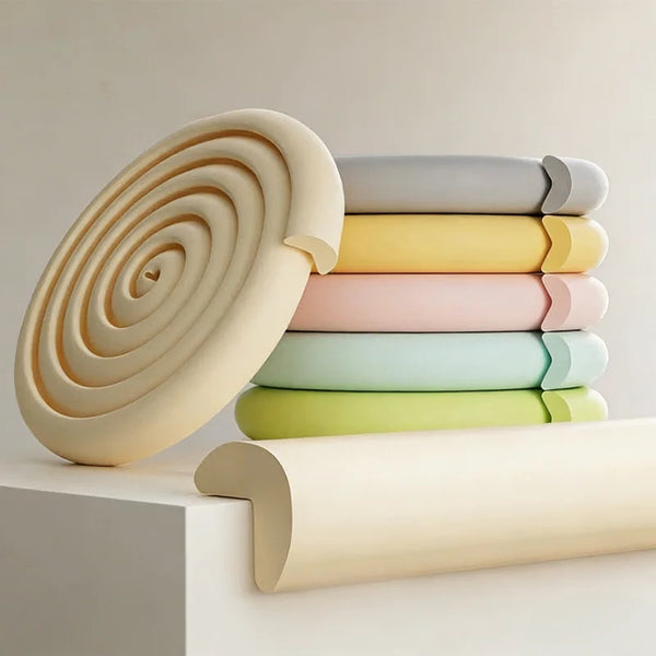 A stack of beige and pastel colored table corner safety bumpers for baby protection.