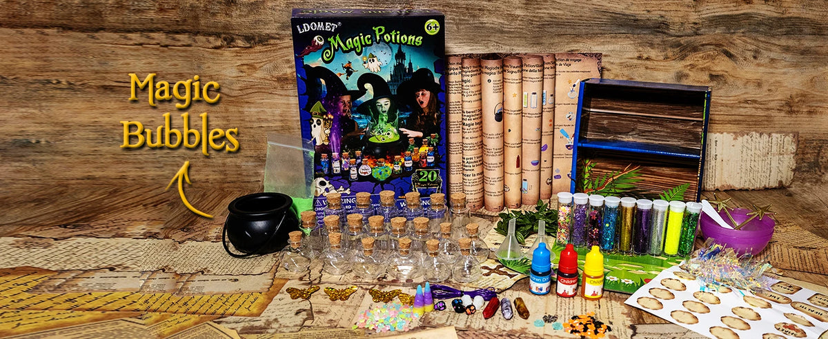 DIY Zaubermittel-Set mit Zutaten, Flaschen und Kräutern, verpackt als 'Magic Potions'.
