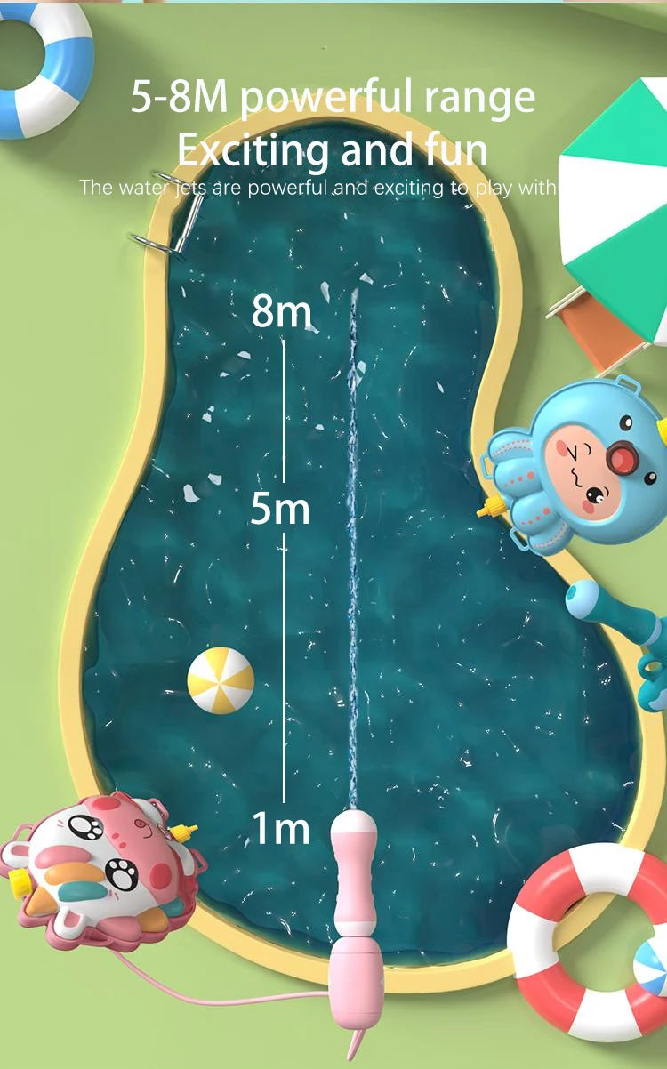A water jet toy demonstrates a 5-8 meter powerful range in a pool with various sized targets.