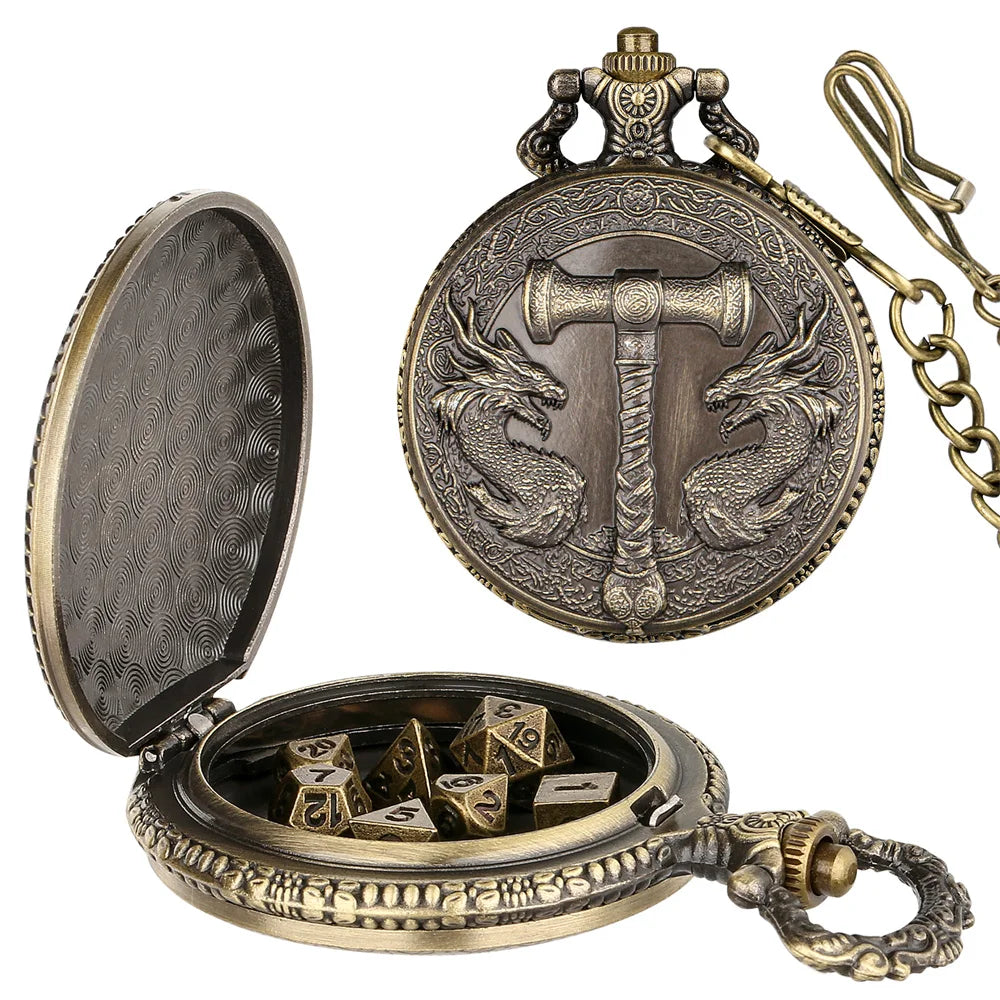 A brass steampunk dragon pocket watch dice case with a lid and seven mini dice.