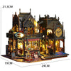 A detailed wooden miniature castle dollhouse kit featuring architecture, furniture, and illuminated elements.