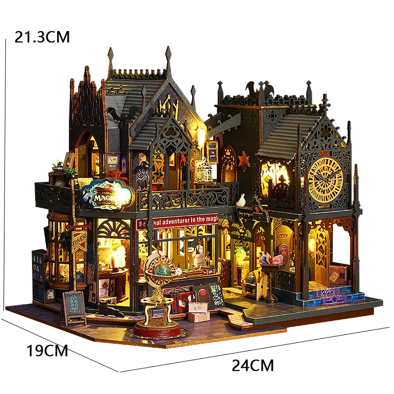 A detailed wooden miniature castle dollhouse kit featuring architecture, furniture, and illuminated elements.