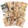 A collection of vintage, aged scrapbook paper sheets in various muted tones and textures.
