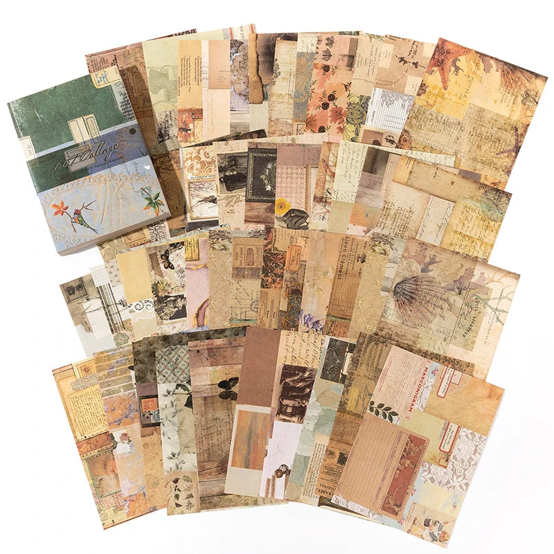 A collection of vintage, aged scrapbook paper sheets in various muted tones and textures.