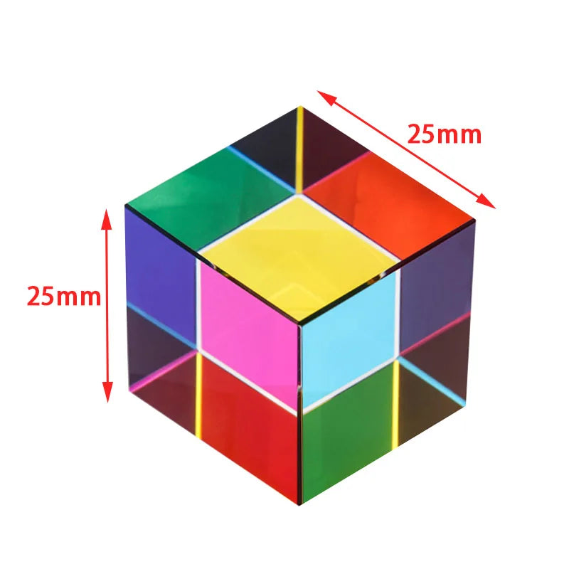 A colorful optical color cube prism with 12 facets, measuring 25mm on each side.