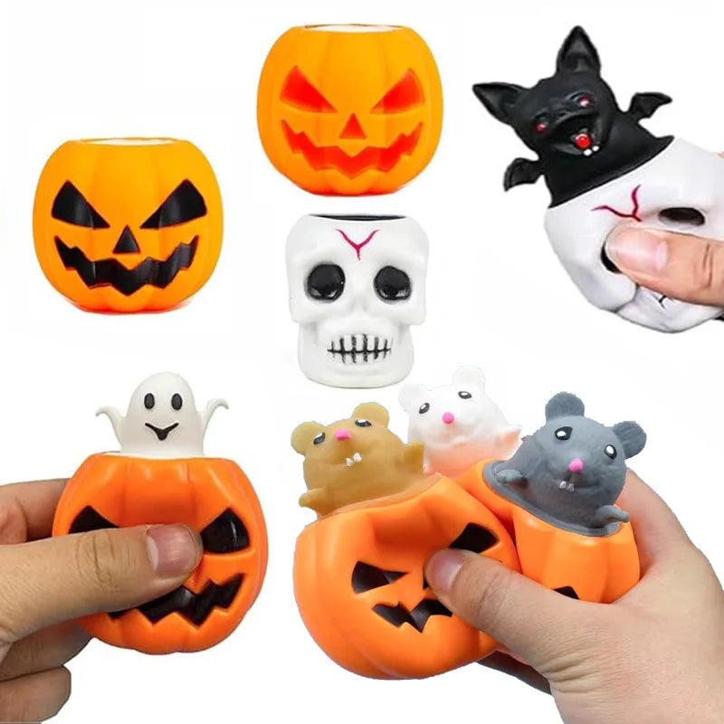 A collection of Halloween squeeze stress balls featuring pumpkin and skull designs in orange, black, and white.
