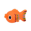 An orange rubber fish toy with colorful stripes and large eyes for baby bath time.