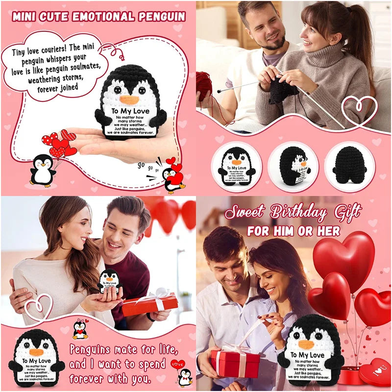 Handmade crochet penguin plush with a love message for emotional support