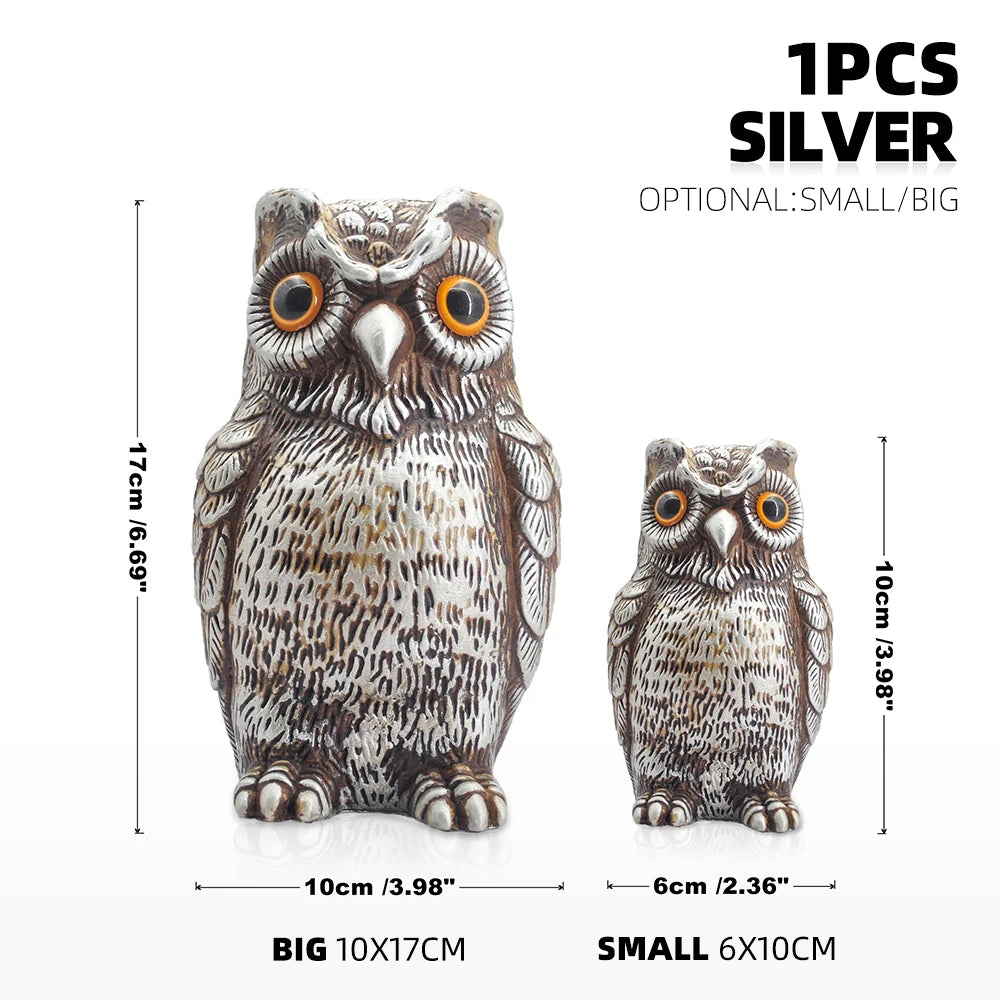 A silver owl garden statue for bird deterrent decor, shown in both big and small sizes.