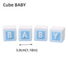 Cube BABY letter blocks in white with blue letters B, A, and Y.