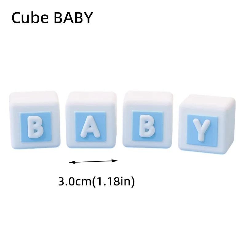 Cube BABY letter blocks in white with blue letters B, A, and Y.