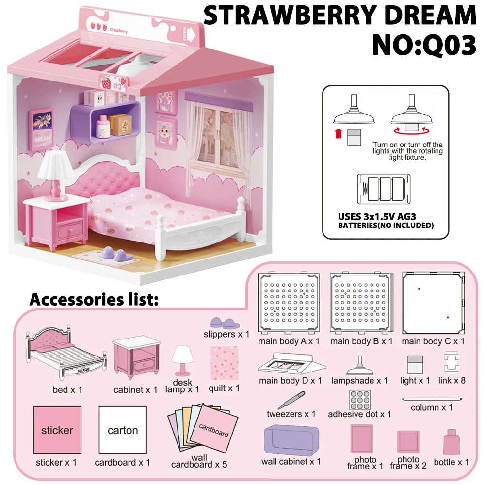 Strawberry Dream NO:Q03 miniature dollhouse furniture assembly kit with pink and white decor