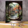 A framed painting depicting a lush flower field and wooden house landscape with an arched window view.