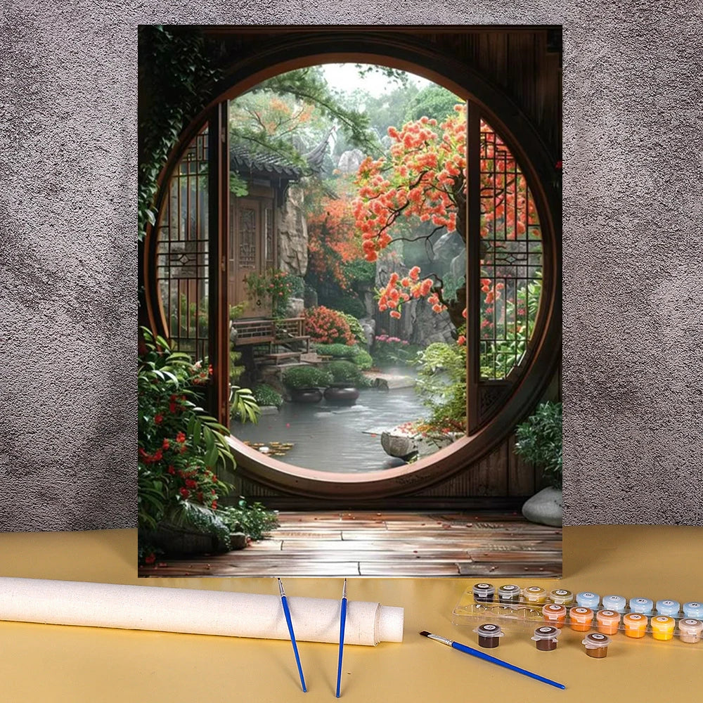 A framed painting depicting a lush flower field and wooden house landscape with an arched window view.