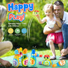 A father and daughter are playing with a colorful foam bowling set featuring ten numbered pins and two soft balls outdoors.
