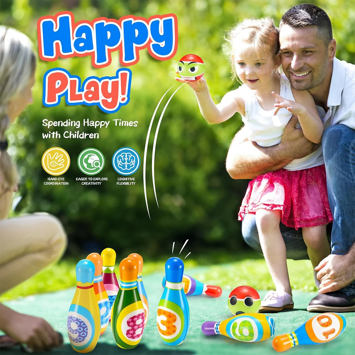 A father and daughter are playing with a colorful foam bowling set featuring ten numbered pins and two soft balls outdoors.