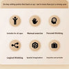 A graphic listing six selling points for a wooden magic box puzzle including suitability for all ages, manual exercise, focus